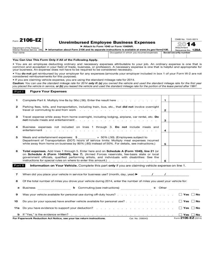 Form 2106 EZ Unreimbursed Employee Business Expenses 2015 Free Download