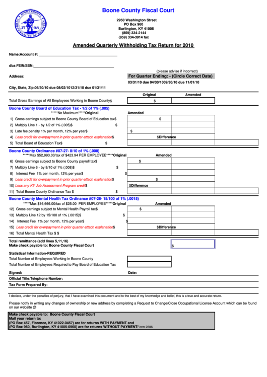 Form 2306 Amended Quarterly Withholding Tax Return 2010 Printable