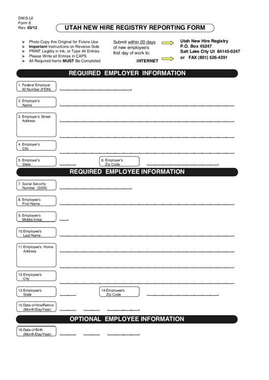 Form 6 Utah New Hire Registry Reporting Form Printable Pdf Download