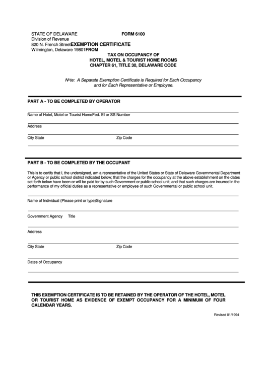 Form 6100 Exemption Certificate From Tax On Occupancy Of Hotel Motel 