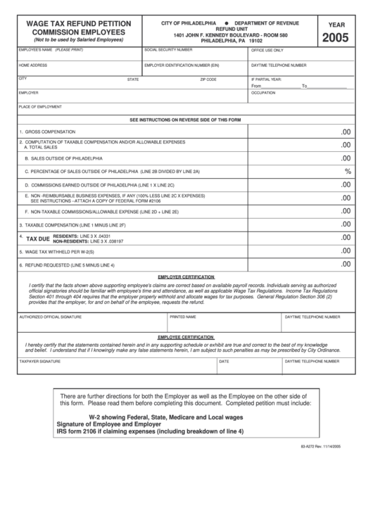 Form 83 A272 Wage Tax Refund Petition Commission Employees 2005 