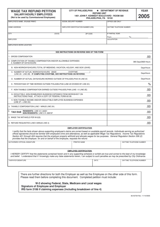 Form 83 A272a Wage Tax Refund Petition Salary hourly Employees 2005