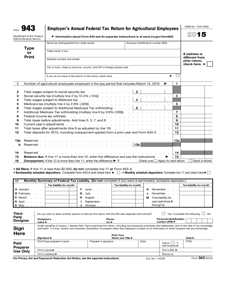 Form 943 Employer s Annual Federal Tax Return For Agricultural