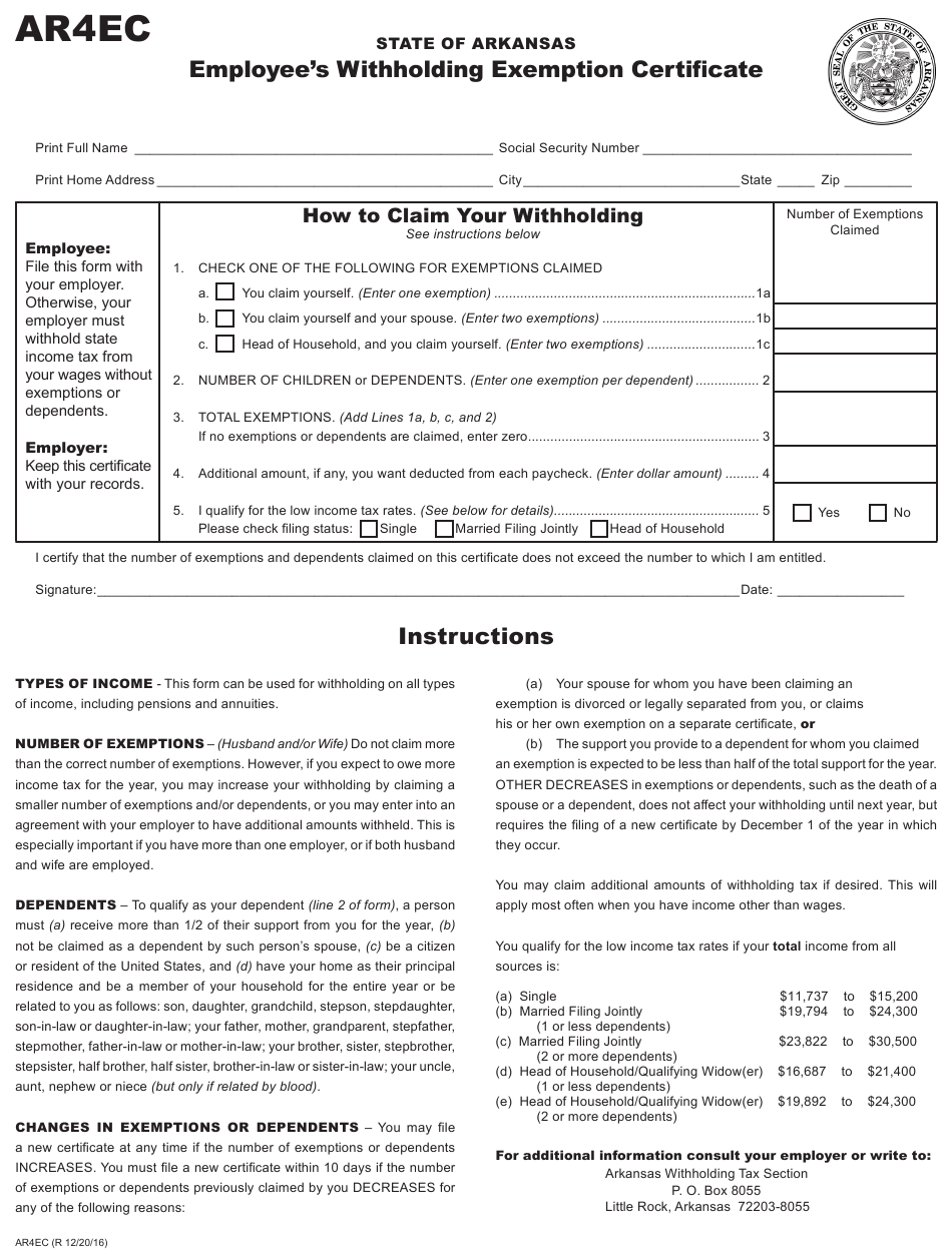 Form AR4ec Download Fillable PDF Or Fill Online Employee s Withholding