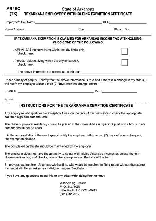 Form Ar4ec Tx Texarkana Employee S Withholding Exemption 