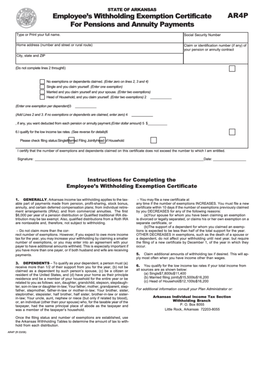 Form Ar4p Employee S Withholding Exemption Certificate For Pensions 