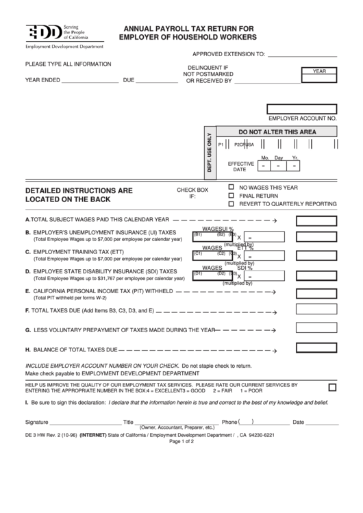 Form De 3 Hw Annual Payroll Tax Return For Employer Of Household 