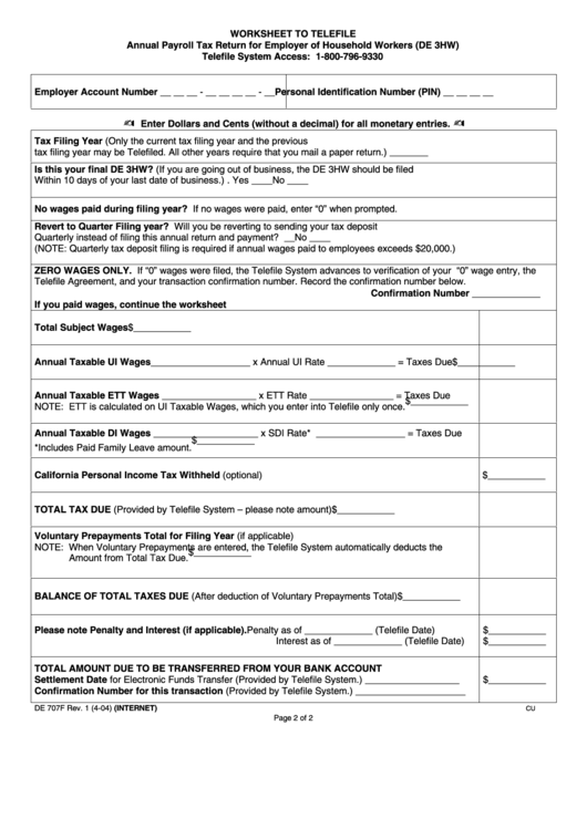 Form De 707f Annual Payroll Tax Return For Employer Of Household 