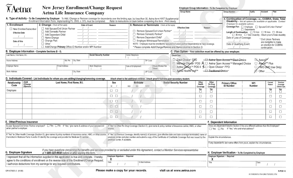 Form Gr 67820 2 Aetna Enrollment Change Form Printable Pdf Download