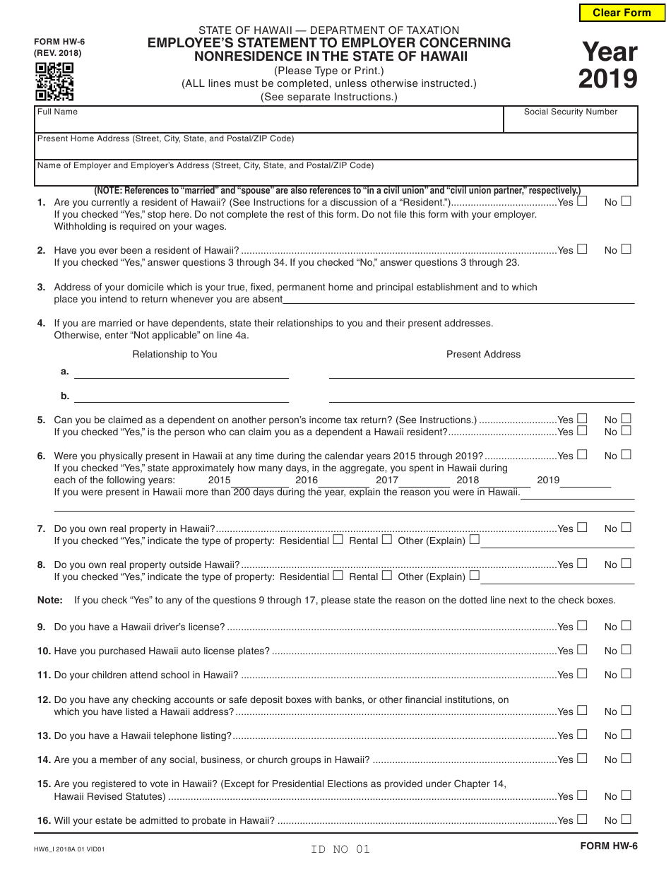 Form HW 6 Download Fillable PDF Or Fill Online Employee s Statement To