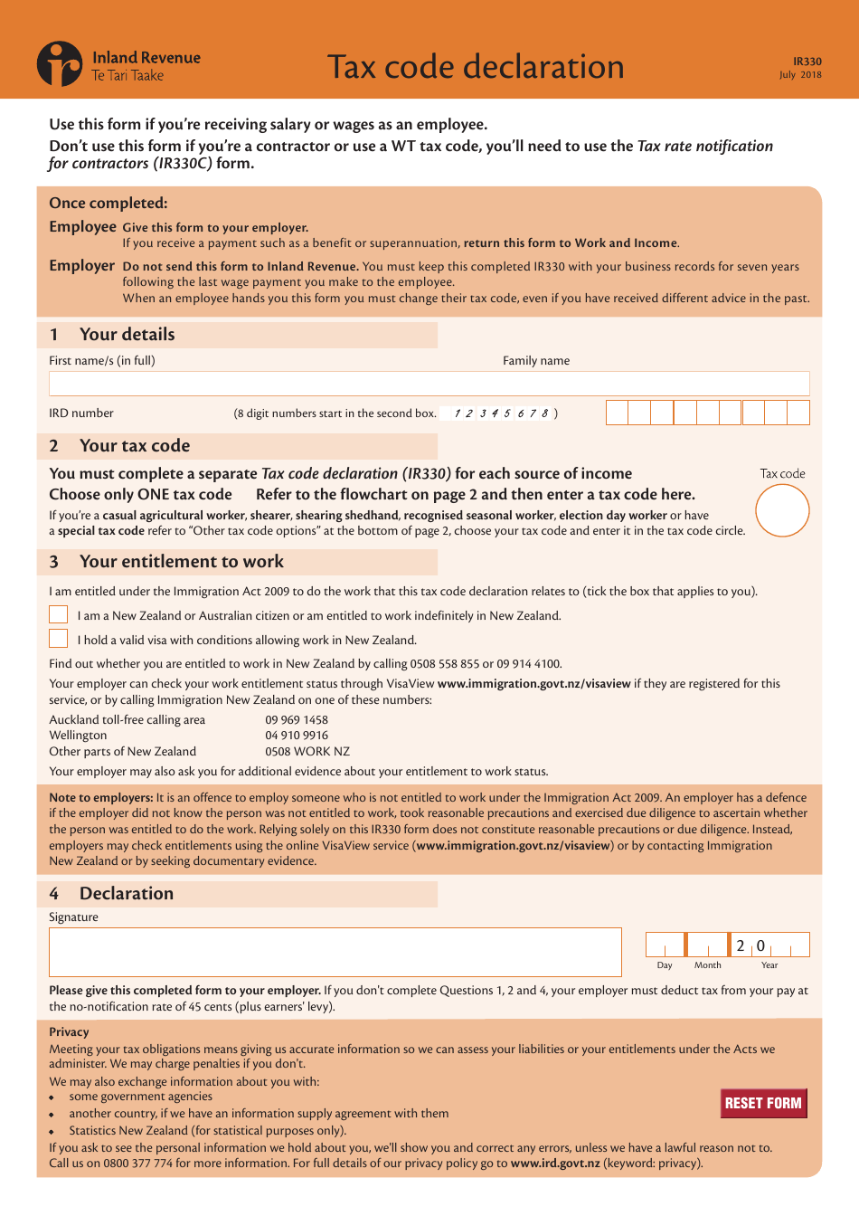 Form IR330 Download Fillable PDF Or Fill Online Tax Code Declaration 