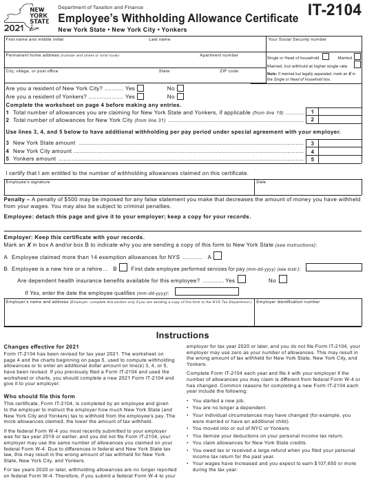 Form IT 2104 Download Fillable PDF Or Fill Online Employee s 