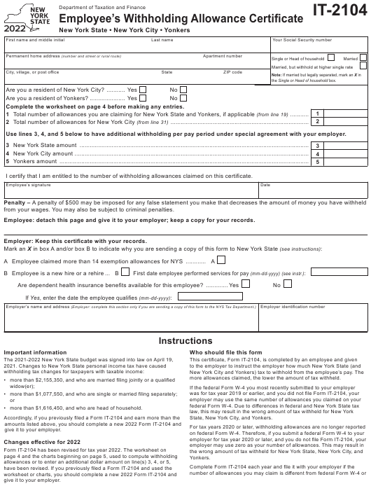 Form IT 2104 Download Fillable PDF Or Fill Online Employee s 