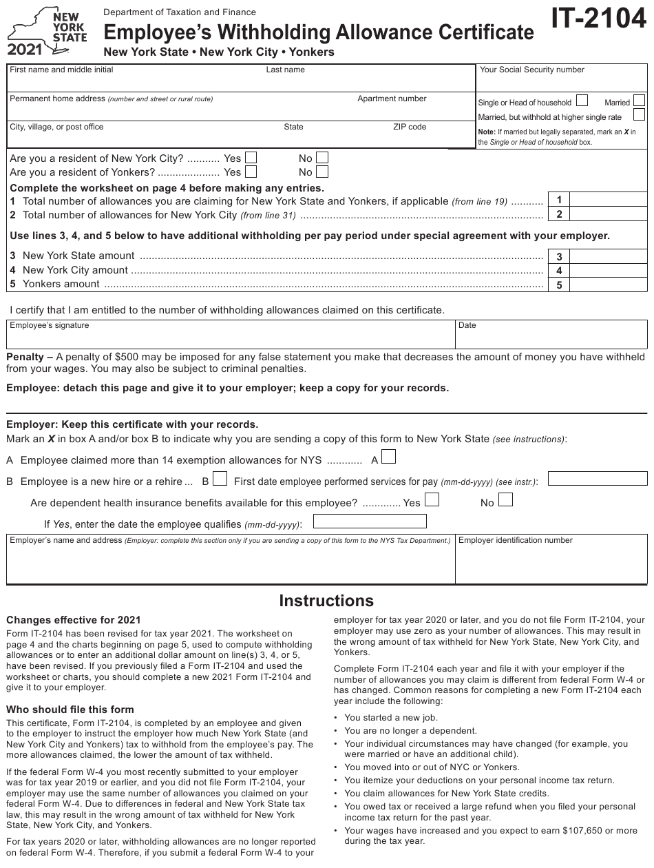 Form It 2104 Employee s Withholding Allowance Certificate 2023