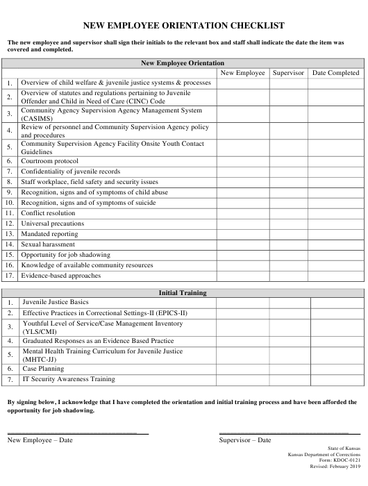 Form KDOC 0121 Download Printable PDF Or Fill Online New Employee