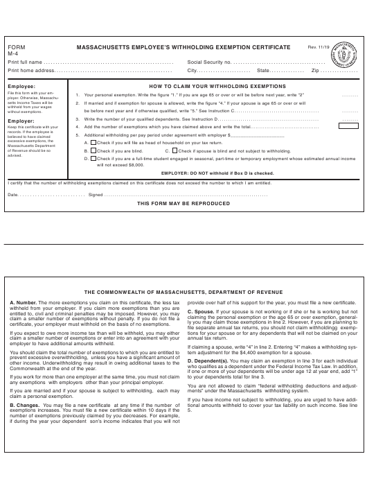 Form M 4 Download Printable PDF Or Fill Online Massachusetts Employee s