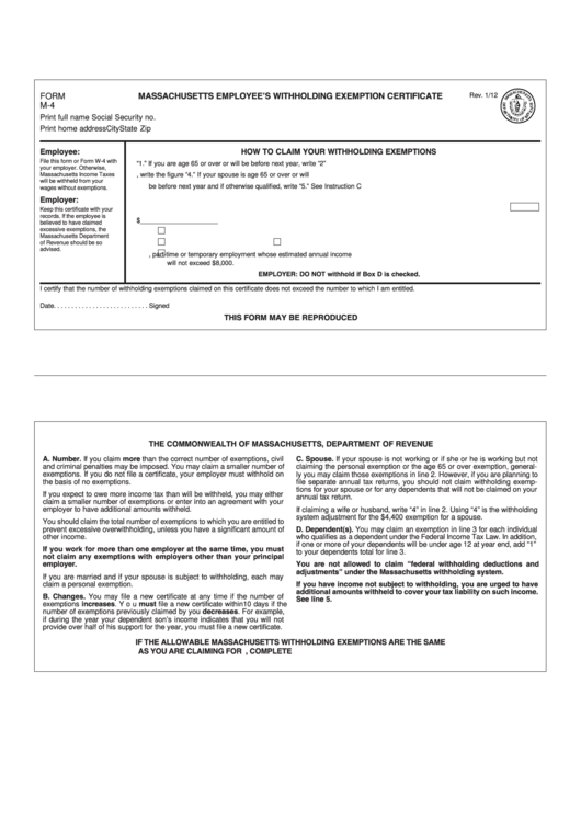 Form M 4 Massachusetts Employee S Withholding Exemption Certificate