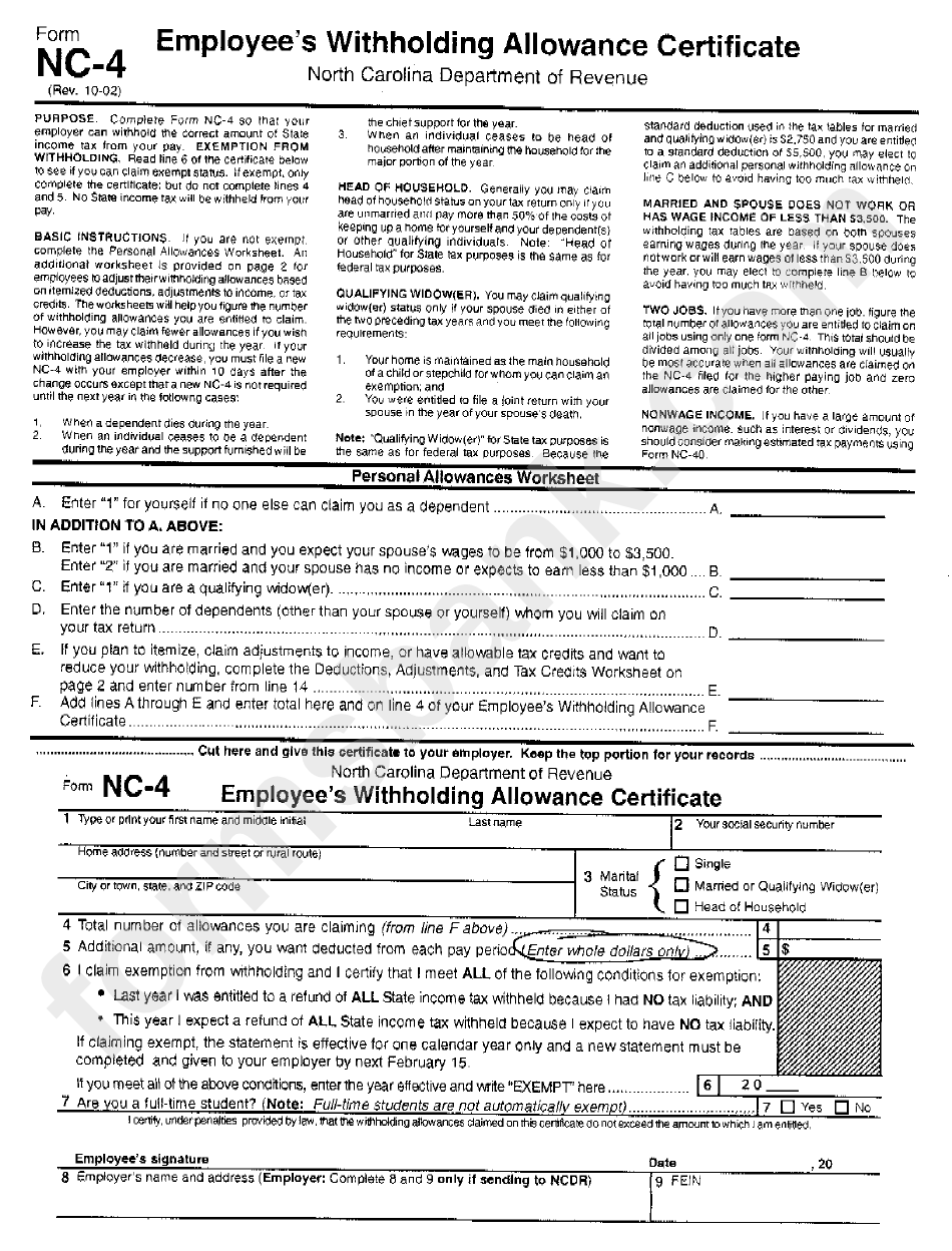 Form Nc 4 Employee S Withholding Allowance Certificate Printable Pdf