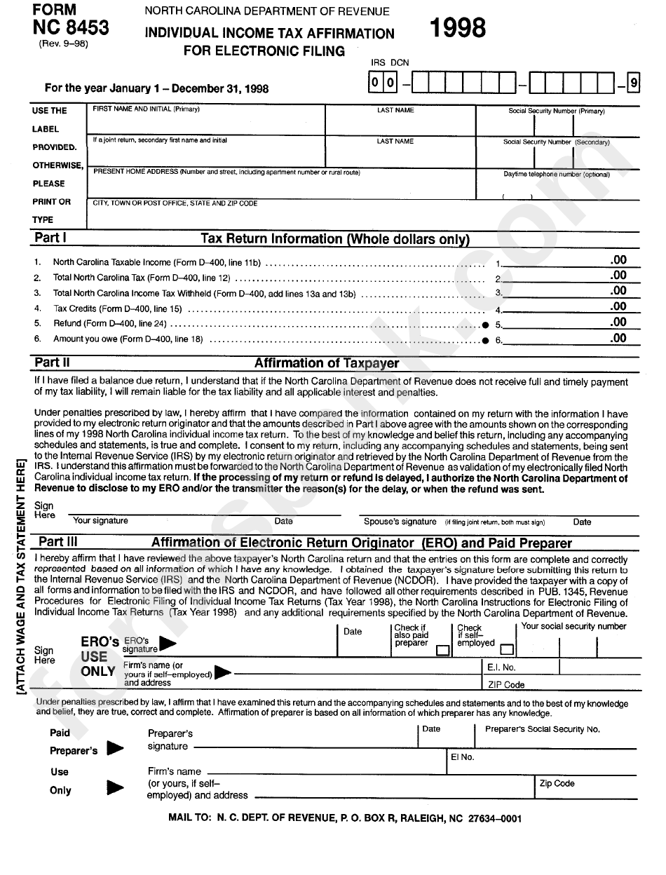 Form Nc 8453 Individual Income Tax Affirmation For Electronic Filing 