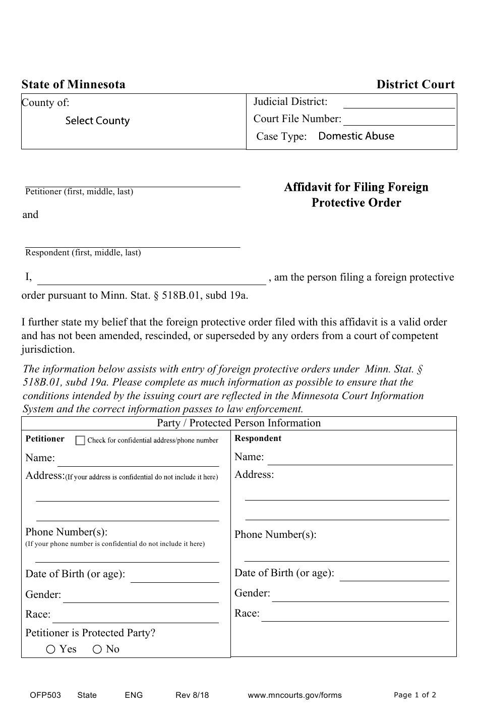 Form OFP503 Download Fillable PDF Or Fill Online Affidavit For Filing