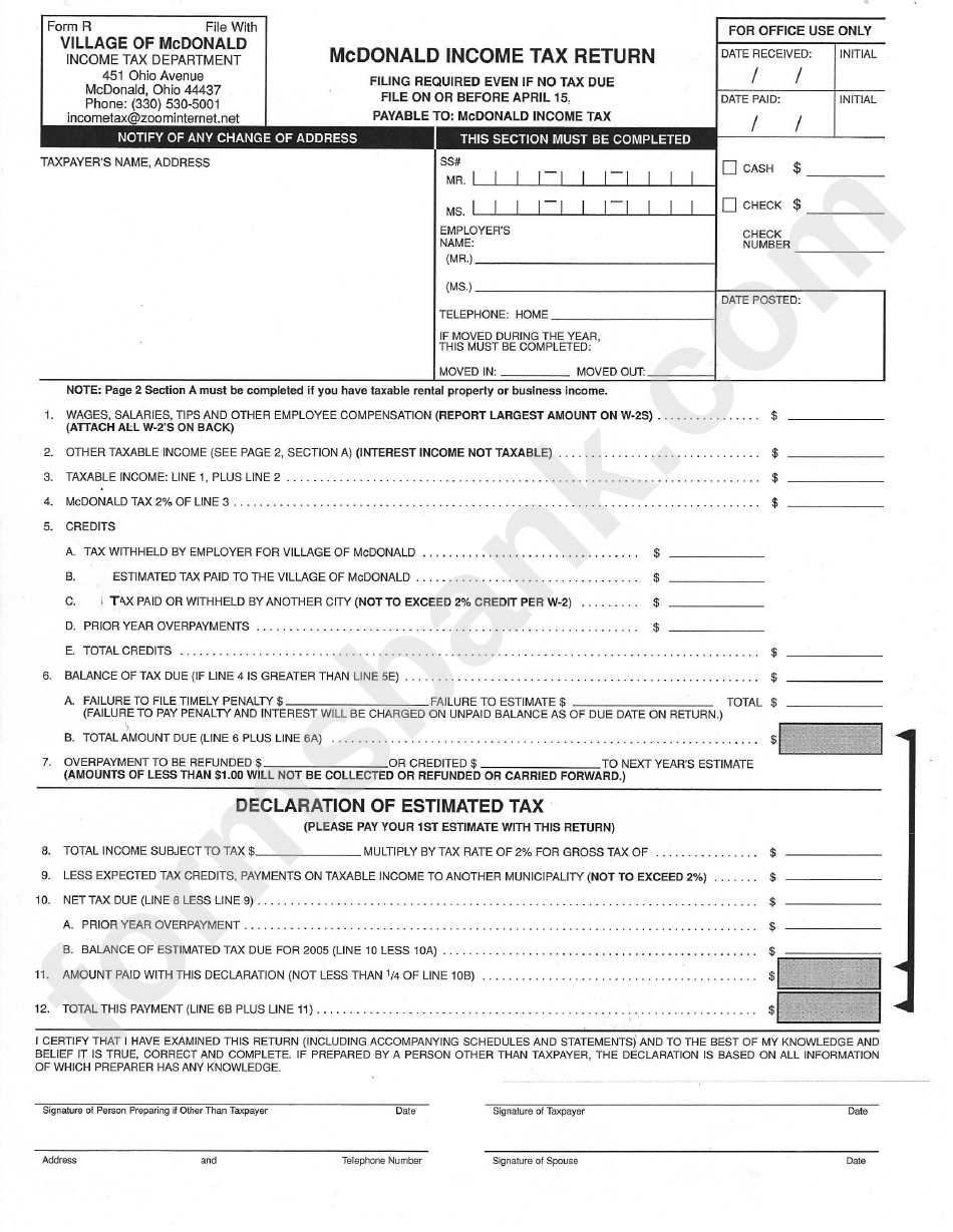 Form R Mcdonald Income Tax Return Form Incone Tax Department Ohio 