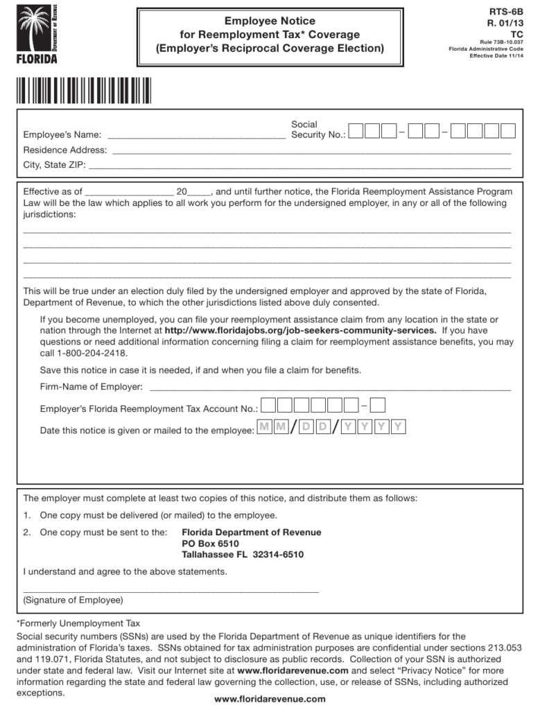 Form RTS 6B Download Printable PDF Or Fill Online Employee Notice For 