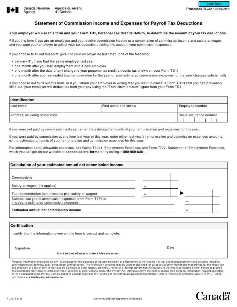 Form TD1X Download Fillable PDF Or Fill Online Statement Of Commission 