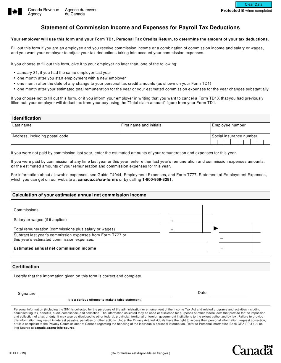 Form TD1X Download Fillable PDF Or Fill Online Statement Of Commission 