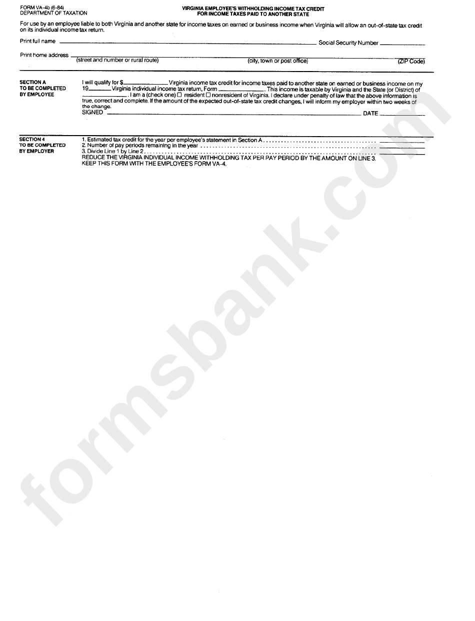 Form Va 4b Virginia Employee S Withholding Income Tax Credit For 