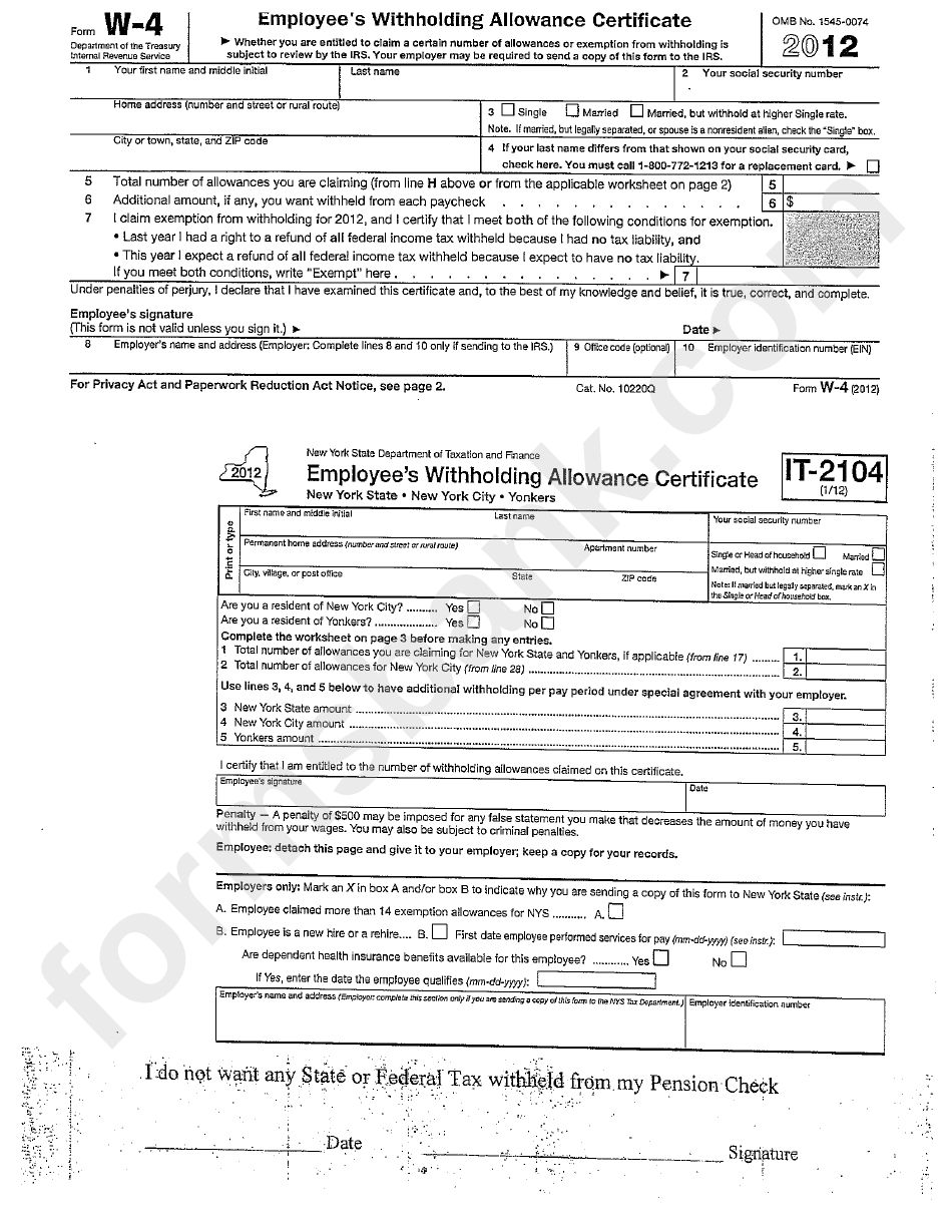 Form W 4 Employee S Withholding Allowance Certificate 2012 New 