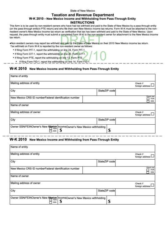 Form W k New Mexico Income And Withholding From Pass through Entity 