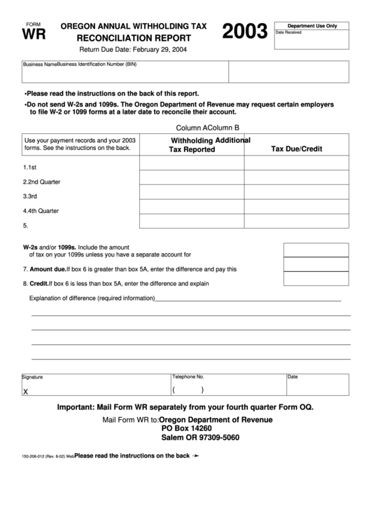 Form Wr Oregon Annual Withholding Tax Reconciliation Report 2003 
