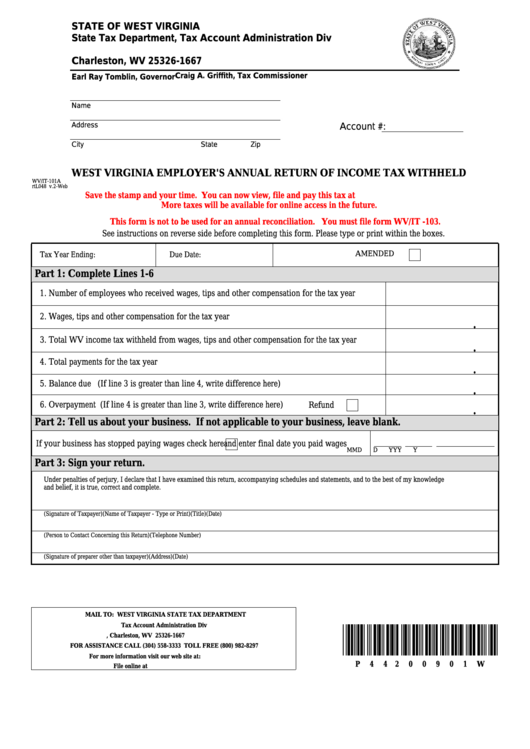 Form Wv it 101a West Virginia Employer S Annual Return Of Income Tax