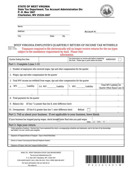 Form Wv it 101q West Virginia Employer S Quarterly Return Of Income