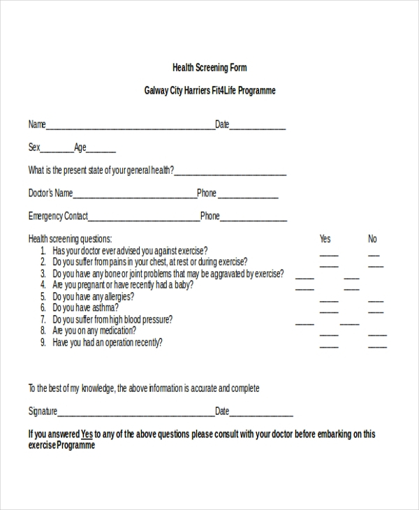 FREE 11 Sample Health Screening Forms In PDF MS Word Excel