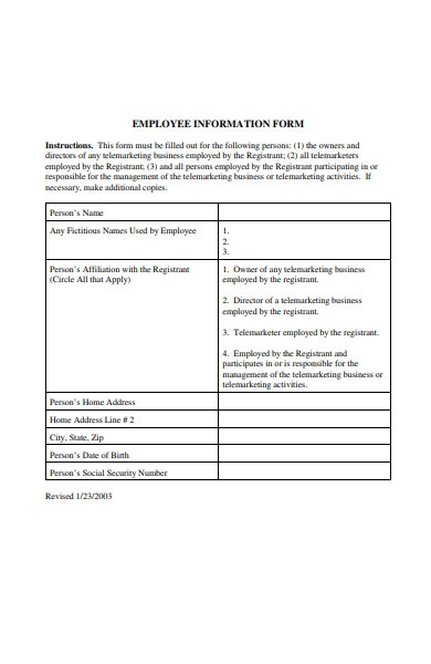FREE 33 Employee Information Forms In PDF MS Word Excel