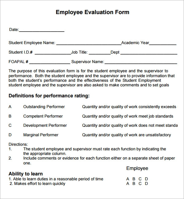 FREE 41 Sample Employee Evaluation Forms In PDF