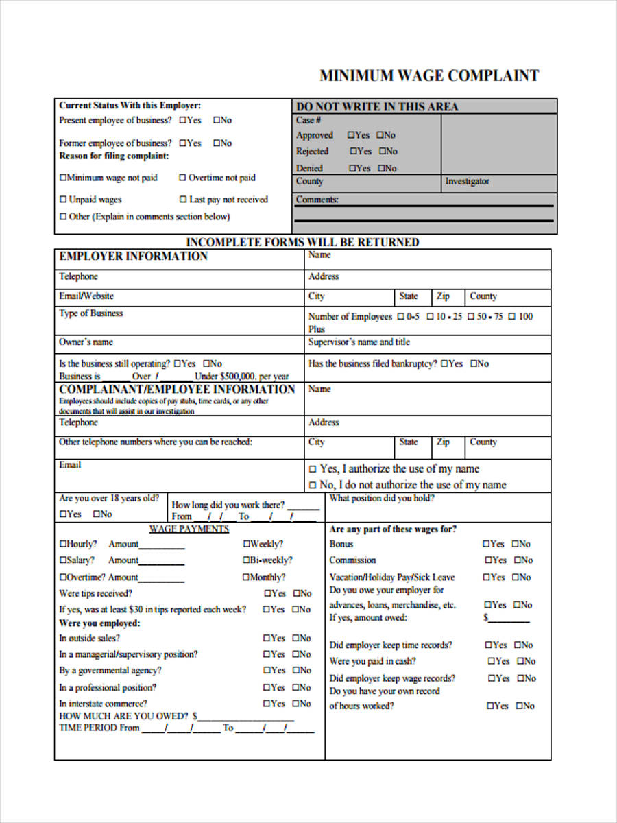 FREE 6 Sample Wage Complaint Forms In PDF Ms Word