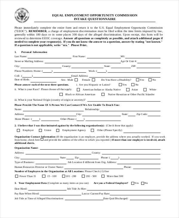 FREE 8 Sample Employment Questionnaire Forms In PDF MS Word