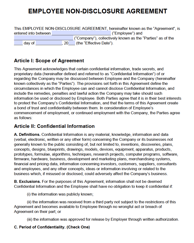 Free Employee Non Disclosure Agreement NDA PDF Word docx