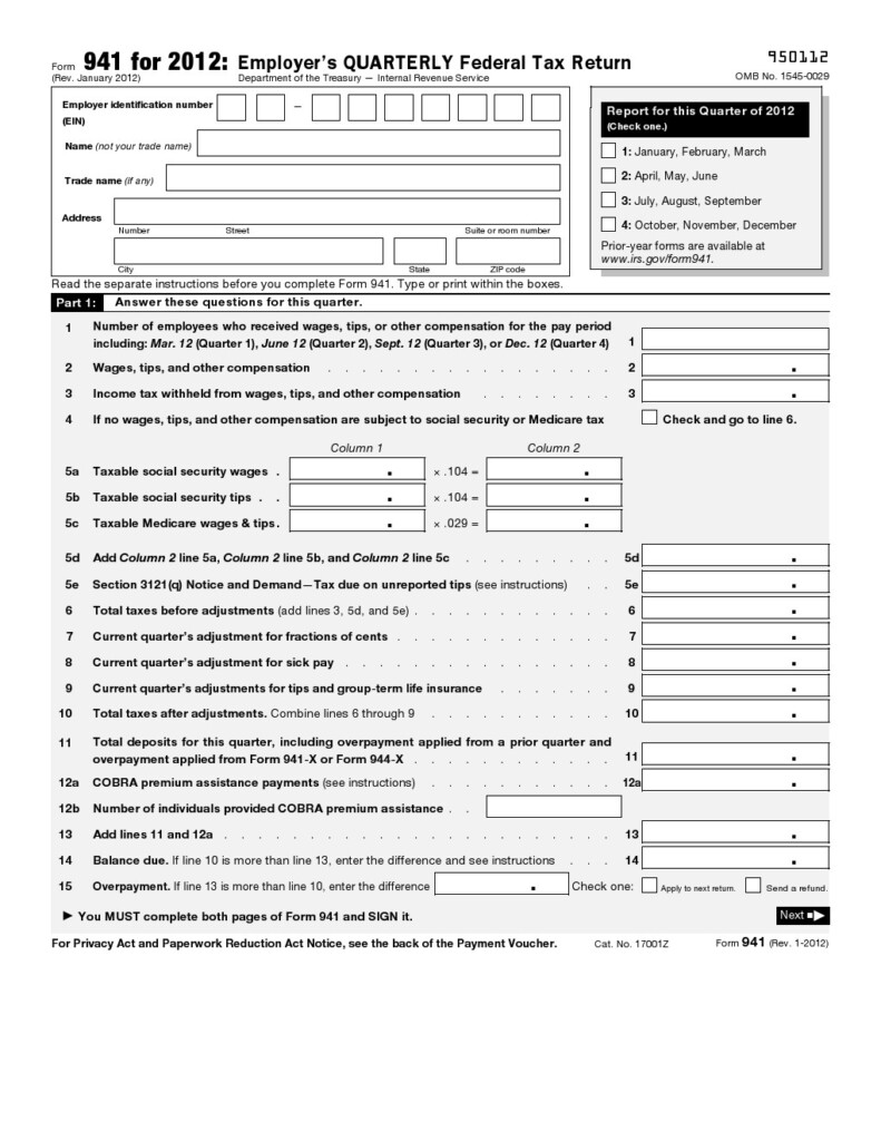 Free Employers Quarterly Federal Tax Return PDF Template Form Download