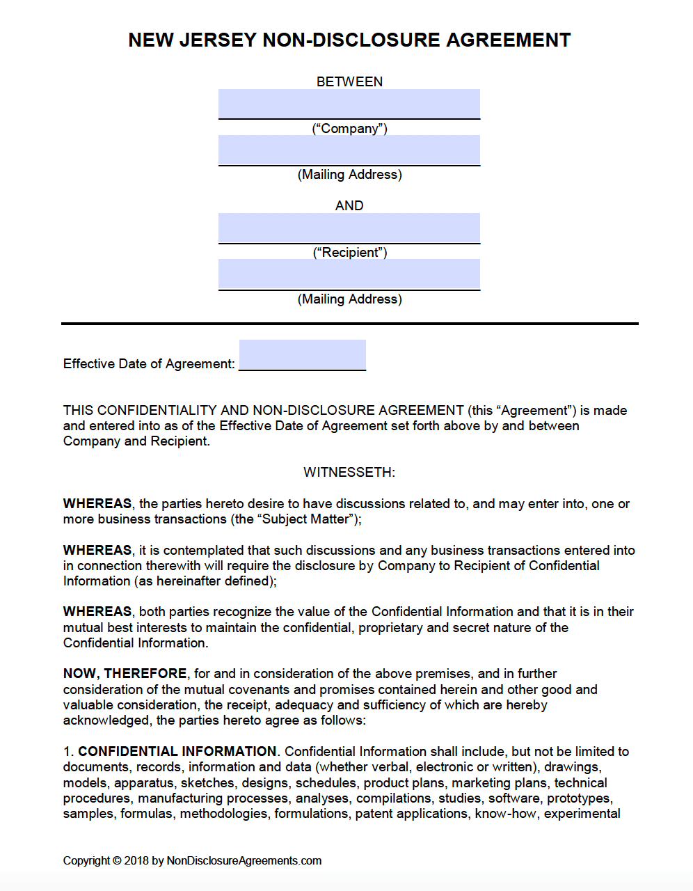 Free New Jersey Non Disclosure Agreement NDA Template PDF Word