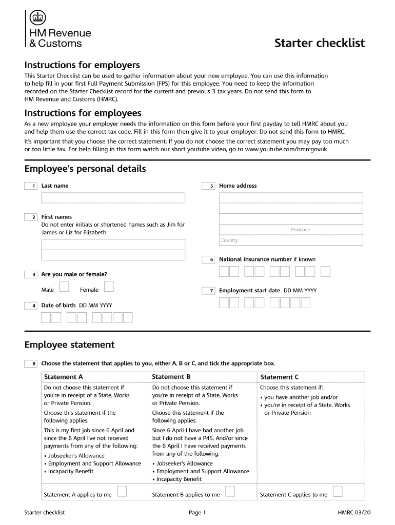 Hmrc Starter Checklist Fill Out Sign Online DocHub