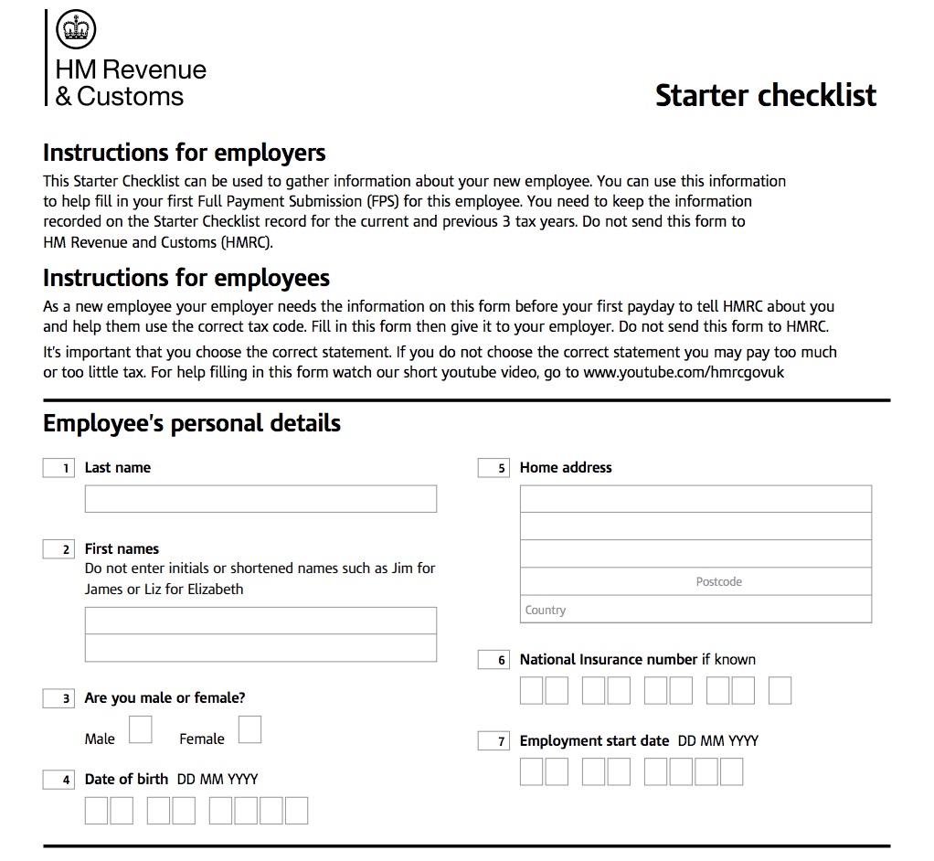 HMRC Starter Checklist For Payroll Goselfemployed co