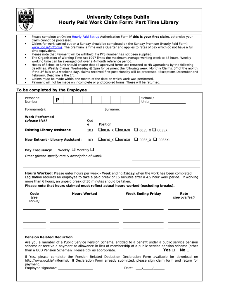 Hourly Paid Work Claim Part Time Library Doc Template PdfFiller