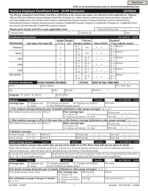 Humana Employee Enrollment Form 20 99 Employees GEORGIA