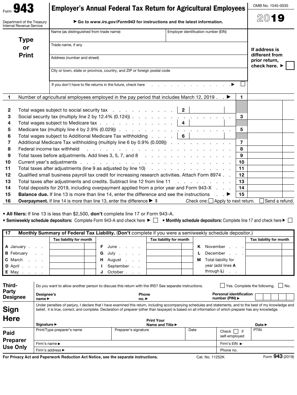 IRS Form 943 Download Fillable PDF Or Fill Online Employer s Annual 