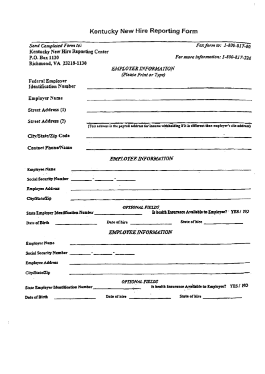 Kentucky New Hire Reporting Form Printable Pdf Download