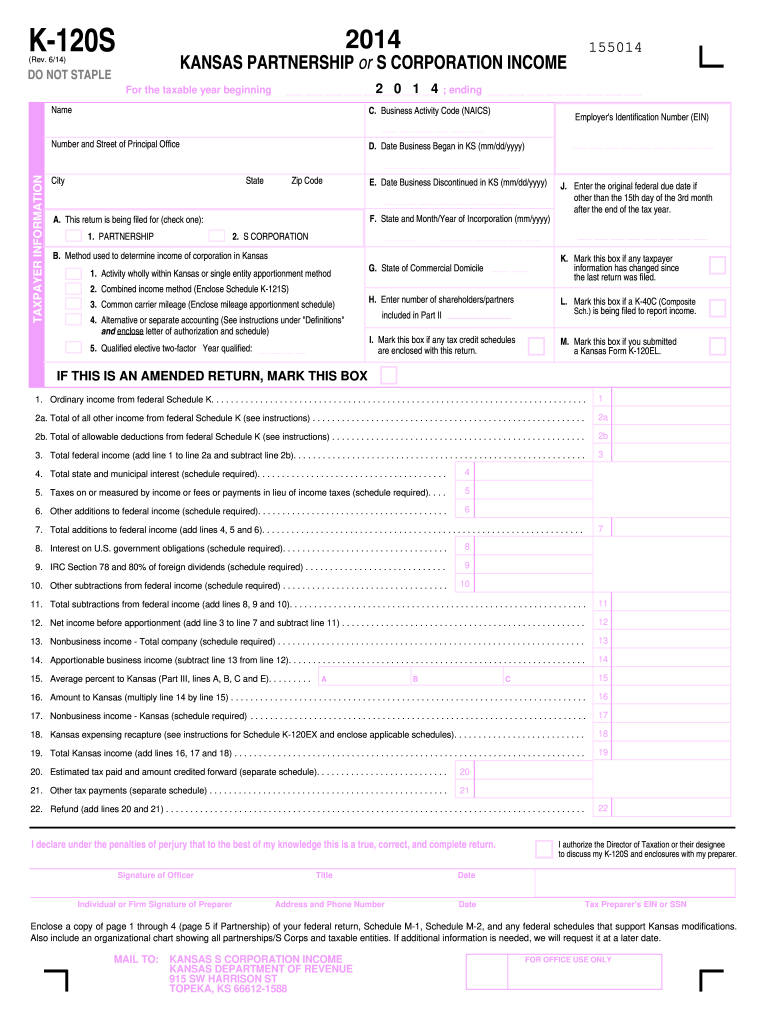 KS DoR K 120S 2014 Fill Out Tax Template Online US Legal Forms