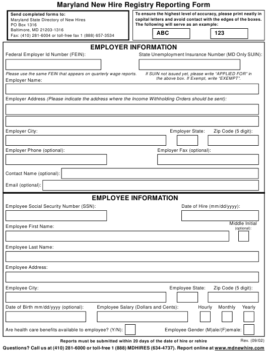 Maryland New Hire Registry Reporting Form Download Printable PDF 
